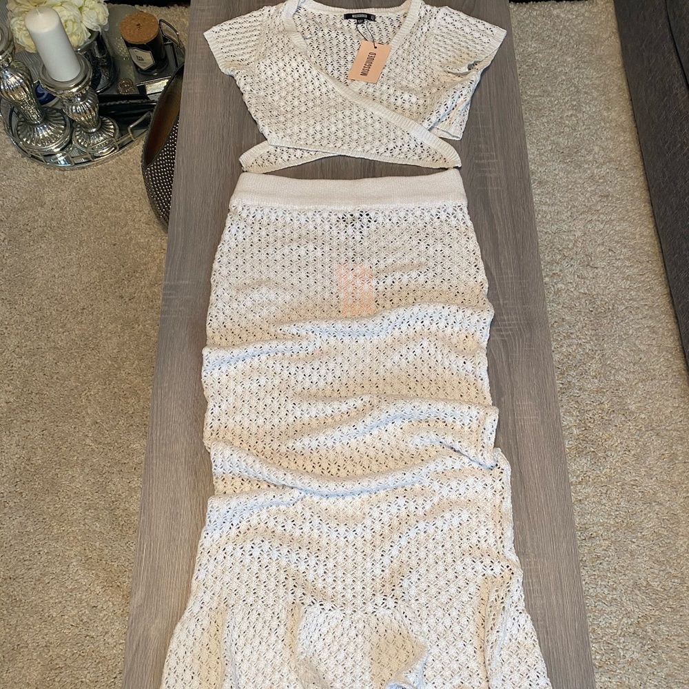 Missguided White Crochet Two-Piece Swim Coverup Set